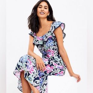 LOFT Women’s Sz Medium Dark Floral Ruffle Square Neck Midi Dress Ruffle